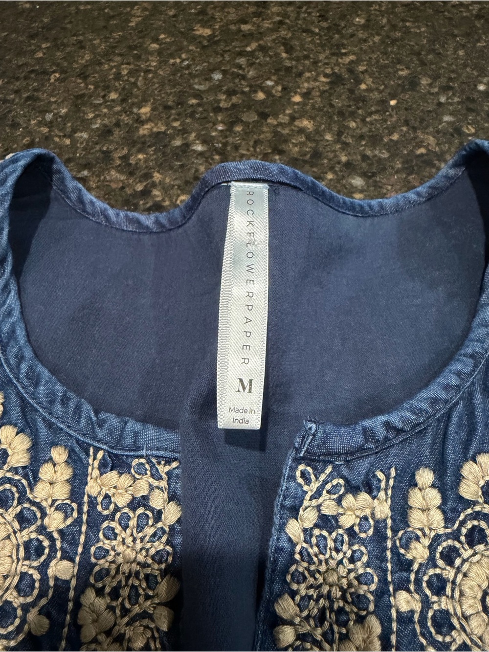 Rock Flower Paper Blue Jean Beige Embroidered Floral Women's Dress Lightweight - Picture 3 of 11